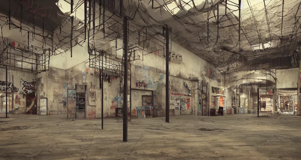 Image similar to photo realistic!! a rundown mall interior with hanging wire and graffiti, very detailed, slightly smokey, unreal engine