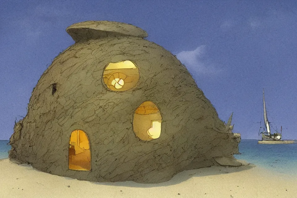 Image similar to giant seashell shaped house where a fisherman, in the style of john harris and moebius