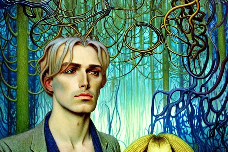 Image similar to realistic detailed portrait painting of a beautiful ghost man with blond hair with an alien, futuristic sci-fi forest on background by Jean Delville, Amano, Yves Tanguy, Alphonse Mucha, Ernst Haeckel, Edward Robert Hughes, Roger Dean, rich moody colours, blue eyes