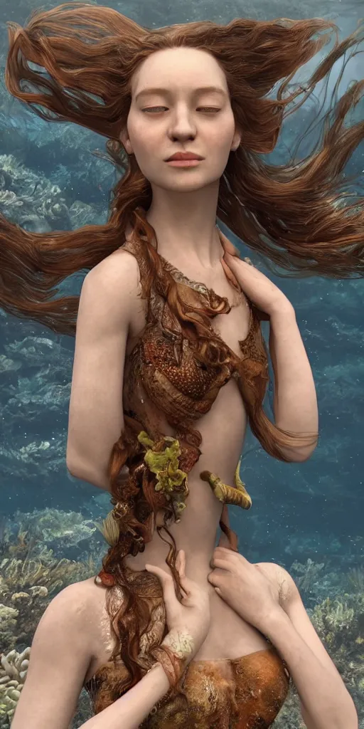 Prompt: mermaid, underwater, a stunning beautiful georgia-era dress with brown long hair, abundant detail, octopusses and flower hyperrealistic character photography art by Annie Liebowitz, ArtStation, concept art, octane render, trending on artstation, artstationHD, artstationHQ, unreal engine, 4k, 8k,