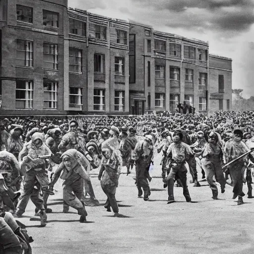 Image similar to university campus during zombie invasion, circa 1 9 4 5, hd, award - winning