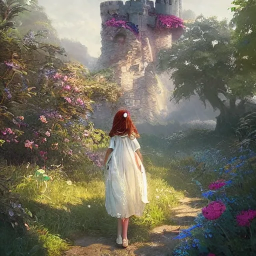 Prompt: a girl in front of stempunk castles, beautiful flowers in garden, fairy tale, greg rutkowski, thomas kinkate,. artstation, morning, summer.