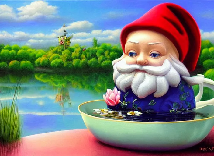 Image similar to a garden gnome sailing in a teacup, whimsical background of a reflective pond on a sunny day with dramatic clouds, an ultrafine detailed painting by mark ryden, trending on deviantart, pop surrealism, whimsical, lowbrow, joyous, perfect cute face