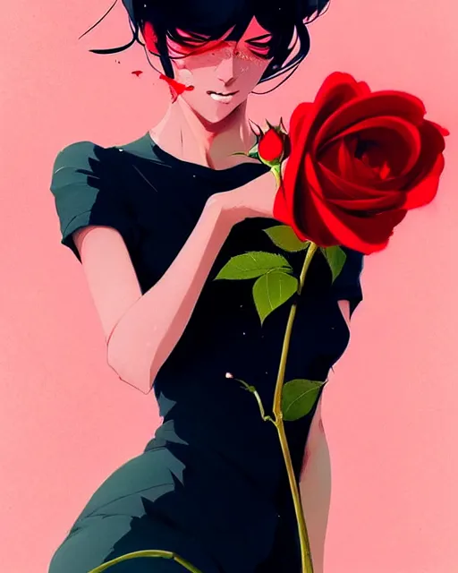 Image similar to a ultradetailed beautiful panting of a stylish woman holding a rose, by conrad roset, greg rutkowski and makoto shinkai, trending on artstation