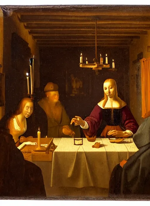 Image similar to a candlelit table at the inn, evening, dark room, two young people sitting at the table, swirling smoke, dark smoke, realistic, in the style of leonardo da vinci, dutch golden age, amsterdam, medieval painting by jan van eyck, johannes vermeer, florence
