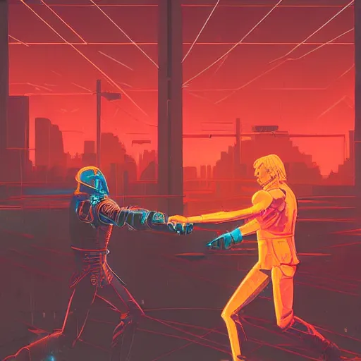 Image similar to jaime lannister and brienne of tarth fighting against a horde of neon zombies, cyberpunk art by james gilleard, cgsociety, retrofuturism, synthwave, retrowave, outrun