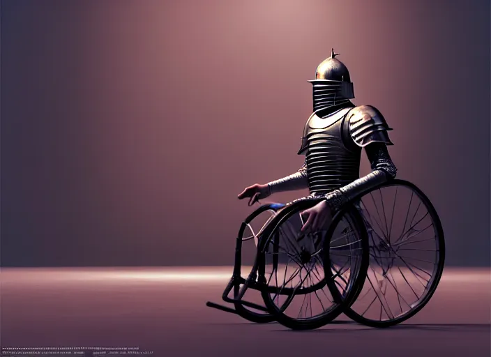 Prompt: knight in armor in a wheelchair do tricks, minsk, highly detailed, soft lighting, elegant, works by edward hopper and james gillard, zdislaw beksinski, stephen outram, andreas m wiese, highly detailed, masterpiece. rendered in blender, smooth shadows, ultra detail, high resolution, unreal 6, 8 k