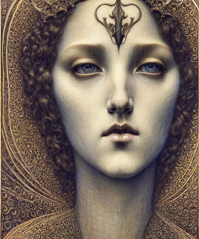 Image similar to detailed realistic beautiful young medieval queen face portrait by jean delville, gustave dore and marco mazzoni, art nouveau, symbolist, visionary, gothic, pre - raphaelite. horizontal symmetry