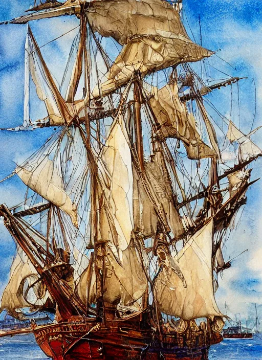 Image similar to photo realistic galleon, art by harvey dunn and howard pyle, illustration, watercolor art,