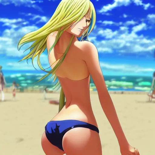 Image similar to anime visual of very cute girl from behind with long blonde hair, at the beach in one piece bathers, high detail, trending on artstation