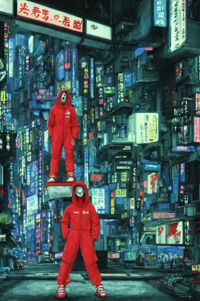 Image similar to CHAPPIE In A Red Adidas Track Suit In Neo Tokyo with Die Antwoord, full figures, stormy weather, extremely detailed masterpiece, low-key neon lighting, artstation, 2001: A Space Odyssey, Roger Deakin’s cinematography, by J. C. Leyendecker and Peter Paul Rubens and Edward Hopper and Michael Sowa