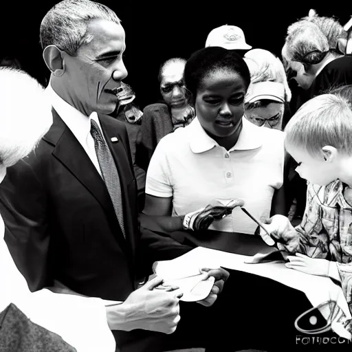 Prompt: former US President Barack Obama signing autographs, black and white crosshatching manga style.