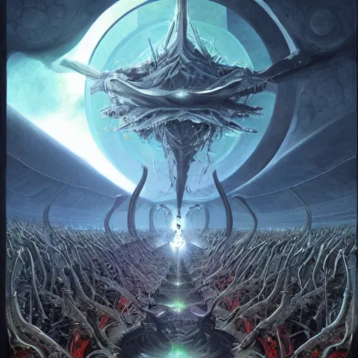 Image similar to a quantum computer surrounded by a dark cabal of hooded elven mystics gathered in a circular formation, michael whelan art, dan seagrave art, cgsociety, artstation, epic scifi fantasy art