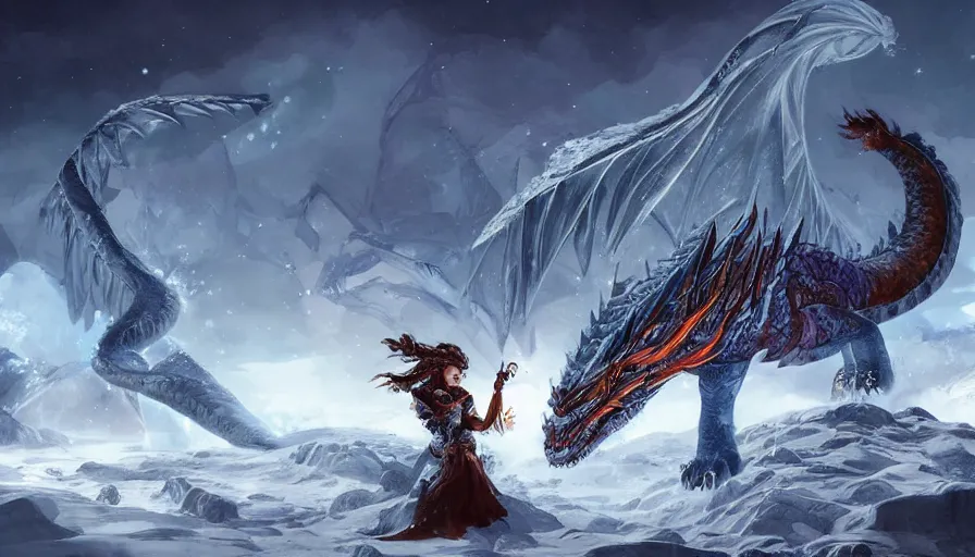 Image similar to epic ice dragon with trendy shapes in a nordic landscape under aurora and stars, set in the words of the Forgotten Realms and Guildwars2, painted by Hans Fredrik Gude, Greg Rutkowksi and Artgerm, concept art 2022, ultra realistic masterpiece