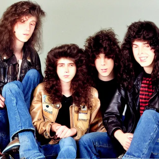 Prompt: Group of 19-year-old boys and girls with long permed wavy brown hair, leather jacket and denim jeans, holding electric guitars, 1987, thrash metal, heavy rock, super 8mm film