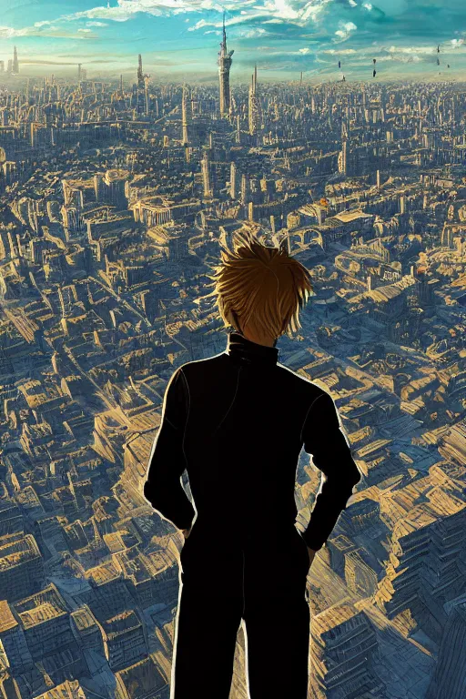 Image similar to Man in black adidas tracksuit looking atop of a urban plateau filled with soviet apartment buildings, golden hour, dreamy, beautiful clouds, beautiful ambient, lighting, wallpaper, beautiful artwork by Makoto Shinkai