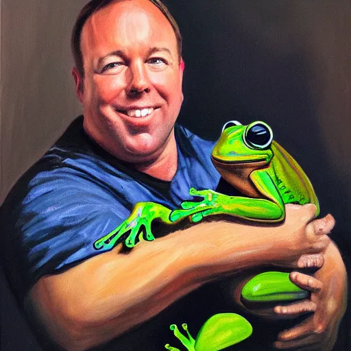 Prompt: oil painting of alex jones holding a frog