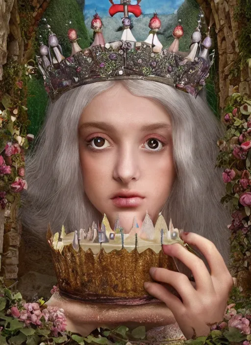 Image similar to closeup medieval bosch face portrait of a fairytale princess wearing a crown eating cakes in the castle, bikini, depth of field, zeiss lens, detailed and intricate environment, fashion photoshoot by nicoletta ceccoli, mark ryden, lostfish, breathtaking, 8 k resolution, extremely detailed, beautiful, establishing shot, artistic, hyperrealistic, octane render
