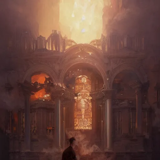 Prompt: portrait of a pipe organ facade surrounded by smoke, battle damage, sunset glow around head, full body portrait, intricate, elegant, highly detailed, digital painting, artstation, concept art, smooth, sharp focus, illustration, art by artgerm and greg rutkowski and alphonse mucha, background is a city in ruins