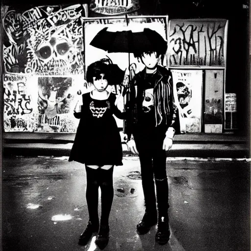 Prompt: night flash portrait photography of punk and goth kids on the lower east side by diane arbus, colorful, nighttime!, raining!