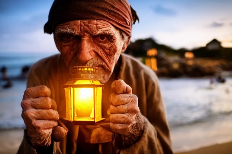 Image similar to closeup old man holding up a lantern on the beach in a pirate bay meet to a old wood shack by emmanuel lubezki