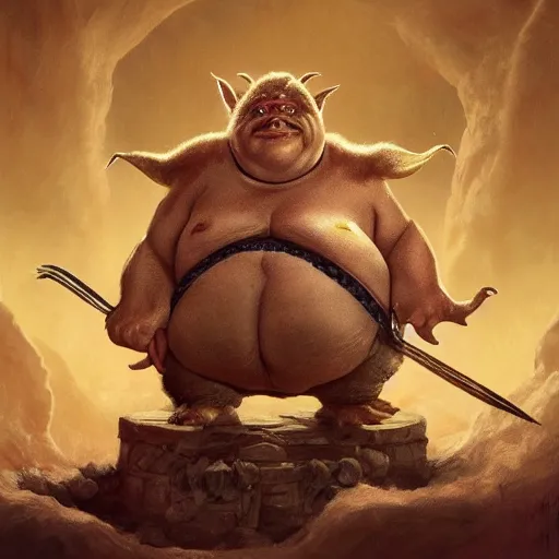 Image similar to A stunning portrait of a fat obese goblin king. He sits on a throne made of human skulls. Epic fantasy art. Award-winning on Artstation. Sharp. HD. 4K. 8K