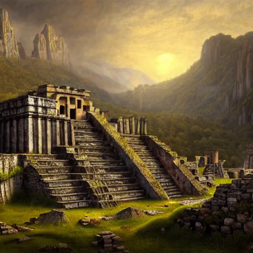 Image similar to a beautiful and highly detailed matte painting of aztec ruins in the mountains, thick mist, sunlight, celtic, psychedelic, epic scale, insanely complex, hyperdetailed, sharp focus, hyperrealism, artstation, cgsociety, 8 k, bright colors, by caspar friedrich, albert bierstadt, james gurney, brian froud,