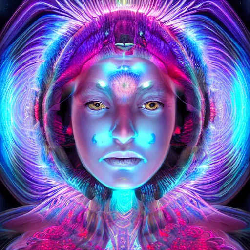Prompt: hyperrealistic highly detailed underworld tech goddess with fibrous membranes and bioluminescent fractal aura from india, celestial vibe, cosmic resonance, cinematic, alex grey, frank bairstow, artgerm, imax quality, 8 k, trending on artstation, unreal engine 5, high octane,