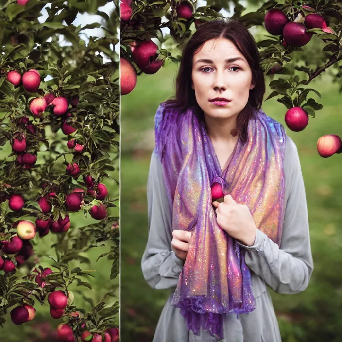 Prompt: a closeup portrait of a woman wearing a muddy iridescent holographic scarf, picking apples from a tree in an orchard, foggy, moody, photograph, by vincent desiderio, canon eos c 3 0 0, ƒ 1. 8, 3 5 mm, 8 k, medium - format print