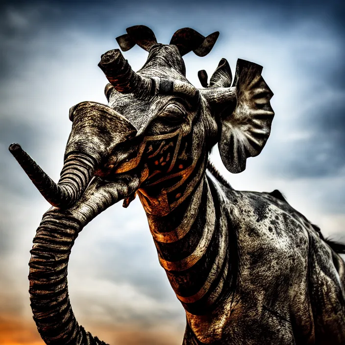 Prompt: photo of a warrior with metal jiraffe themed armour, highly detailed, 4 k, hdr, smooth, sharp focus, high resolution, award - winning photo