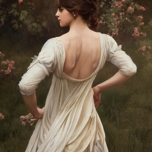 Prompt: Full body shot of Emma Watson in a classical dress, photographed from the back, looking backwards, artstation, concept art, extremely detailed, sharp focus, art by greg rutkowski and alphonse mucha