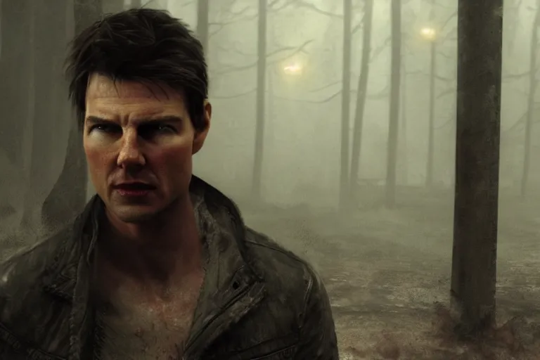 Image similar to a gaming screenshot portrait still of tom cruise in silent hill, greg rutkowski, zabrocki, karlkka, jayison devadas, phuoc quan, trending on artstation, 8 k, ultra wide angle, video game graphics, realistic unreal engine 3 d game, zenith view, cyberpunk pincushion lens effect