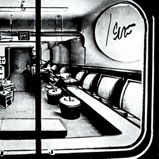 Prompt: the view from inside an old vacuum tube from 1 9 5 5, looking out into a coffee break room filled with nerds, photo realistic, hyper detailed,