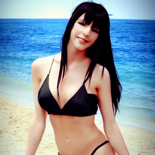 Image similar to beautiful tifa from final fantasy in a bikini, drawn by charlie bowater
