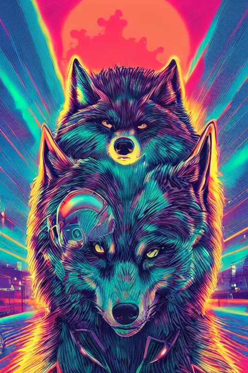 Image similar to a portrait of a wolf with thunders in the sky in a future cybernetic city, outrun style and colours, trending on arstation, by dan mumford, by ross tran