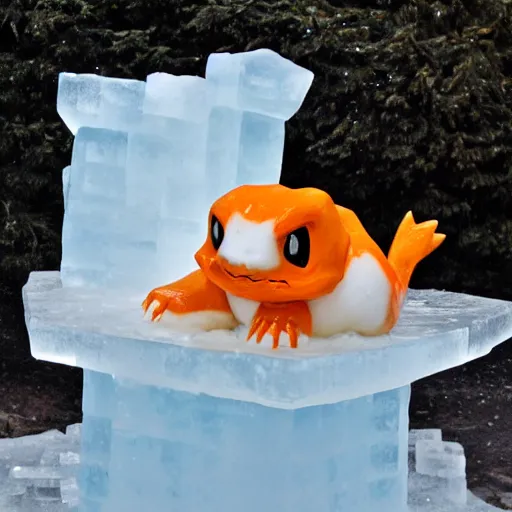 Prompt: ice sculpture of charmander, photography