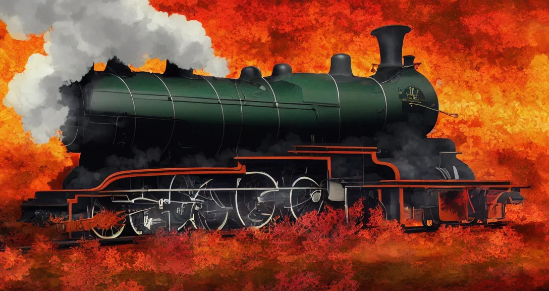 Image similar to cross - section close - up view of a steam train, autumn light, smoke, beautiful, by studio ghibli, digital art, concept art, sharp focus, illustration