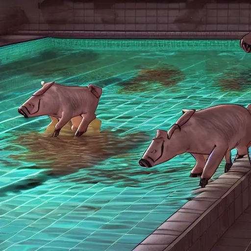 Image similar to photo, two old men fight pig mutants 4 0 1 2 7 inside a swimming pool, highly detailed, scary, volumetric lighting, front view