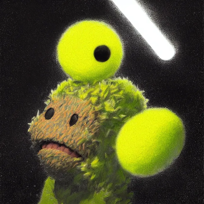 Image similar to cinematic portrait of a cute tennis ball monster in the abyss of space, chalk, masterpiece, trending on artstation, featured on pixiv, cinematic composition, dramatic pose, beautiful lighting, sharp details, hyper-detailed, HD, HDR, 4K, 8K, art by Basil Gogos