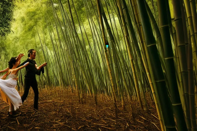 Image similar to cinematography closeup portrait of couple dancing in a bamboo forest, thin flowing fabric, natural light by Emmanuel Lubezki