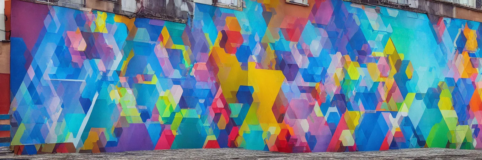 Image similar to abstract landscape, Street Art, Mural, Hypercube, Non-Euclidian, Catalan solids