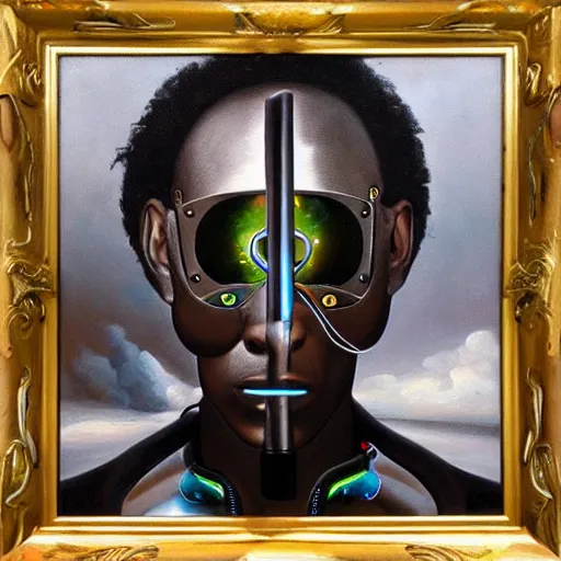 Image similar to a realistic oil painting of a black man as a cybernetic cyborg, surrealism portrait, surrealism album cover