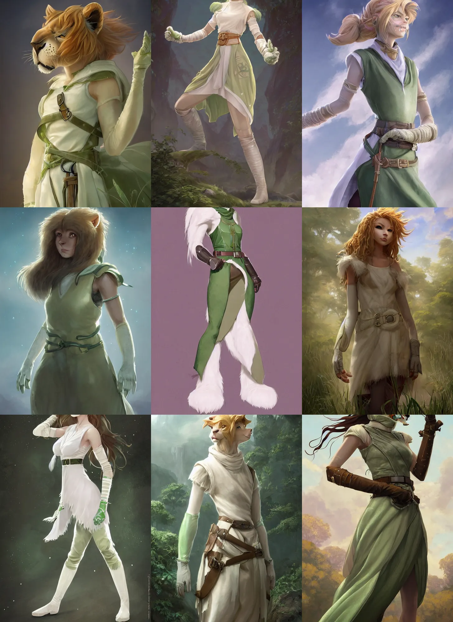 Prompt: beautiful portrait of a female anthropomorphic lioness princess fursona wearing sleeveless pale - white and pale - green jedi tunic. leather gloves. leather boots. leather belt. character design by charlie bowater, ross tran, artgerm, and makoto shinkai, detailed, soft lighting, rendered in octane