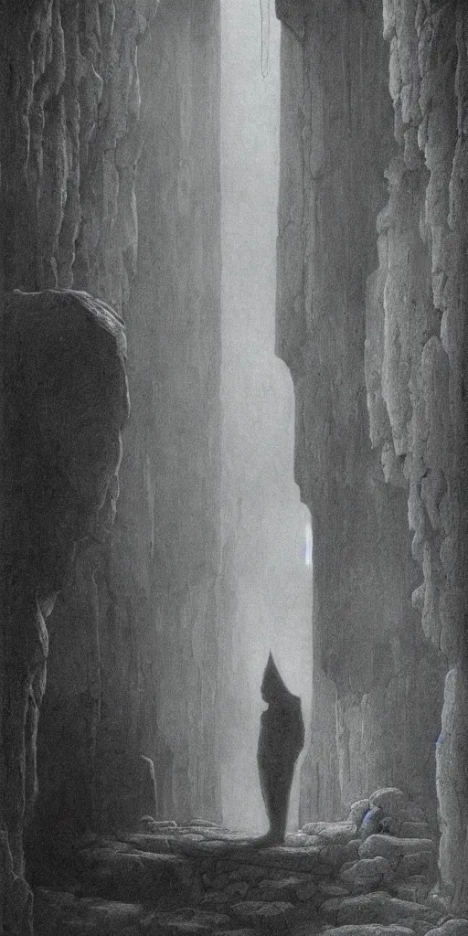 Prompt: an explorer standing in an ancient city inside a cave, by Beksinski and Lauire Lipton
