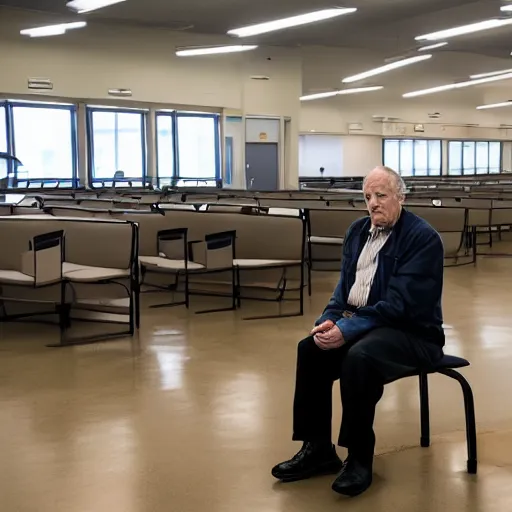 Image similar to wide angle portrait of werner herzog sitting alone in the waiting area of the dmv. ultra wide angle, wes anderson, award winning, hyperrealistic, grand budapest hotel, studio lighting, very detailed face, chiaroscuro, film noir