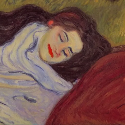 Image similar to lady with brown hair can't sleep because husband in is snoring in bed, expressive oil painting by edvard munch and claude monet