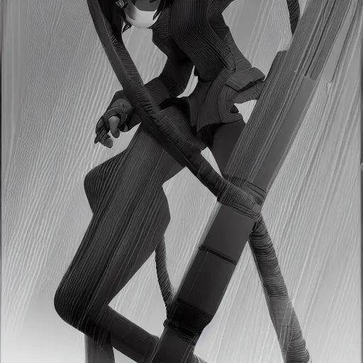 Prompt: RPG character concept art, modular synth musician patching cables, wires flying in the air, in the style of Jamie Hewlett Hiroya Oku Riyoko Ikeda, 3d render, artstation trending, 8k, octane render, photorealistic, sharp detail, manga, black and white