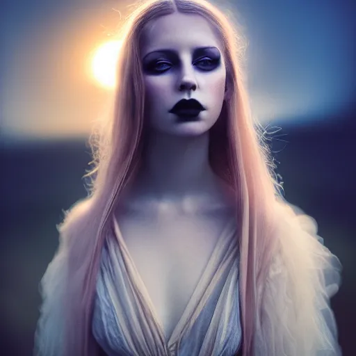 Image similar to photographic portrait of a stunningly beautiful gothic female in soft dreamy light at sunset, contemporary fashion shoot, by edward robert hughes, annie leibovitz and steve mccurry, david lazar, jimmy nelsson, breathtaking, 8 k resolution, extremely detailed, beautiful, establishing shot, artistic, hyperrealistic, beautiful face, octane render