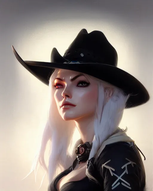 Image similar to ashe from overwatch, cowgirl, white hair, black hat, character portrait, portrait, close up, concept art, intricate details, highly detailed by greg rutkowski, michael whelan and gustave dore