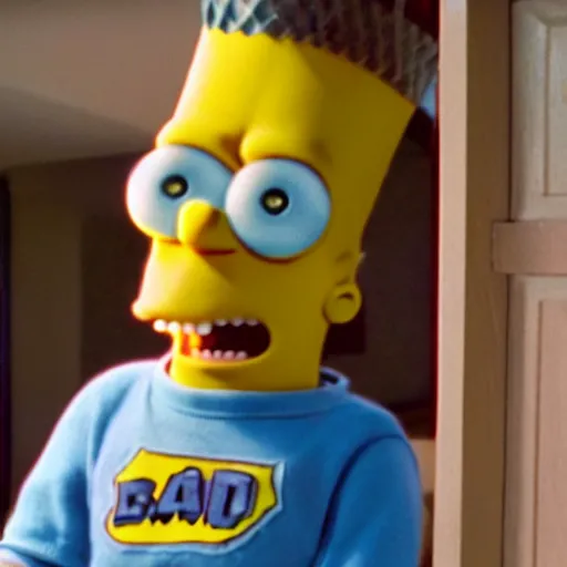 Image similar to bart simpson goes to college in the simpsons live action film, paramount pictures, directed by alan parker, full HD, cinematic lighting, award winning, anatomically correct